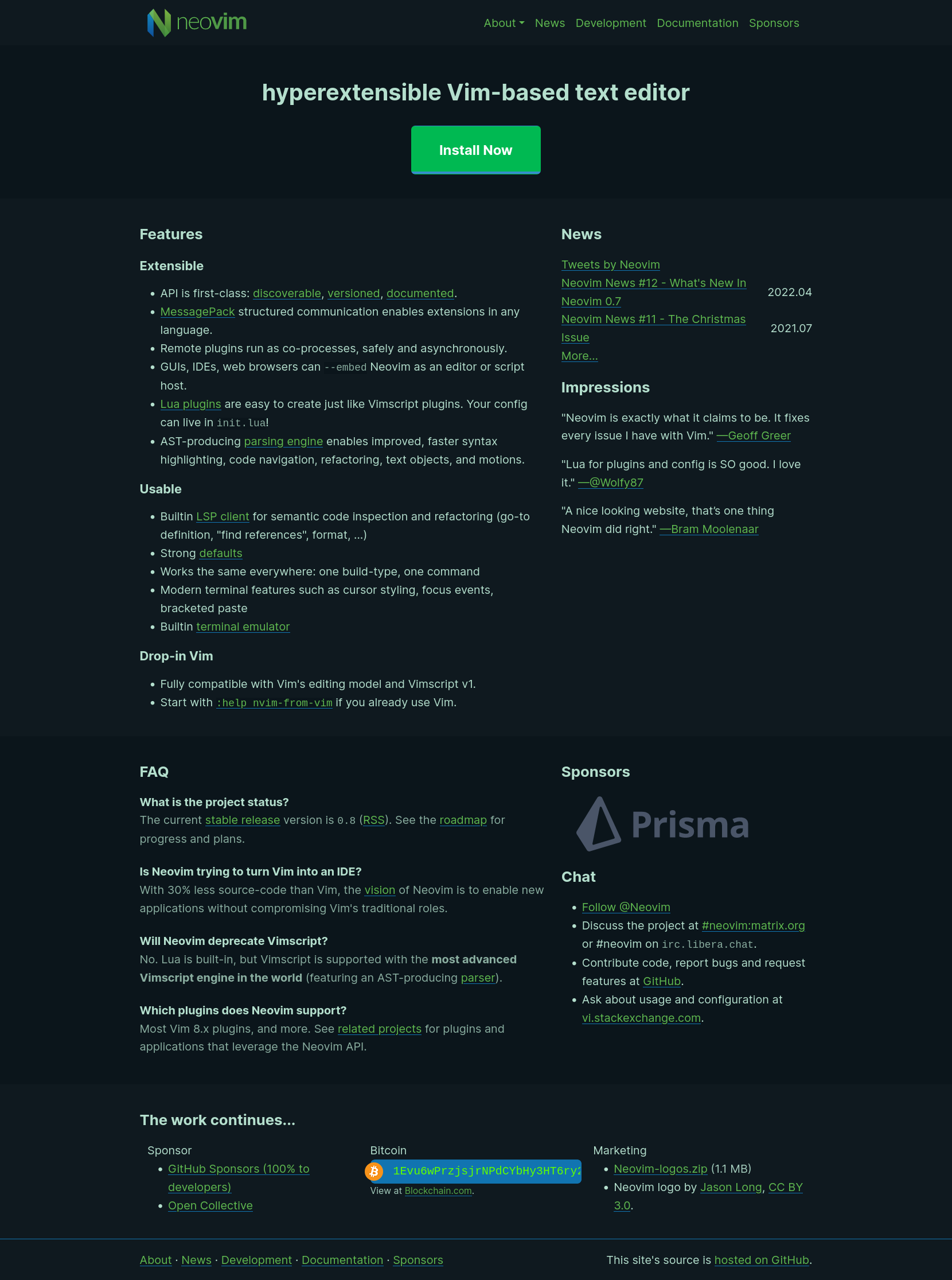 dark colorscheme and design for neovim.io